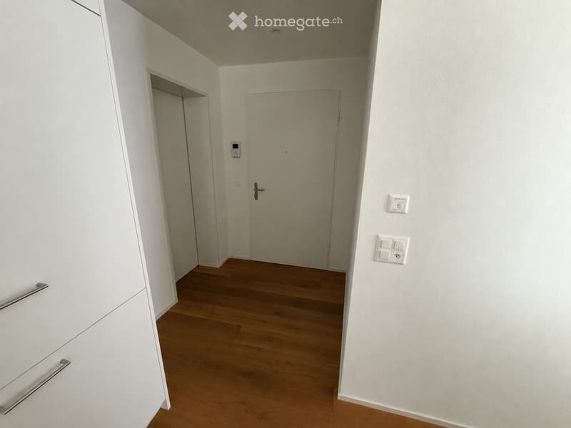 A clean, modern hallway with light wooden flooring, white walls, and a closed door. Electrical outlets and a thermostat are visible on the walls.