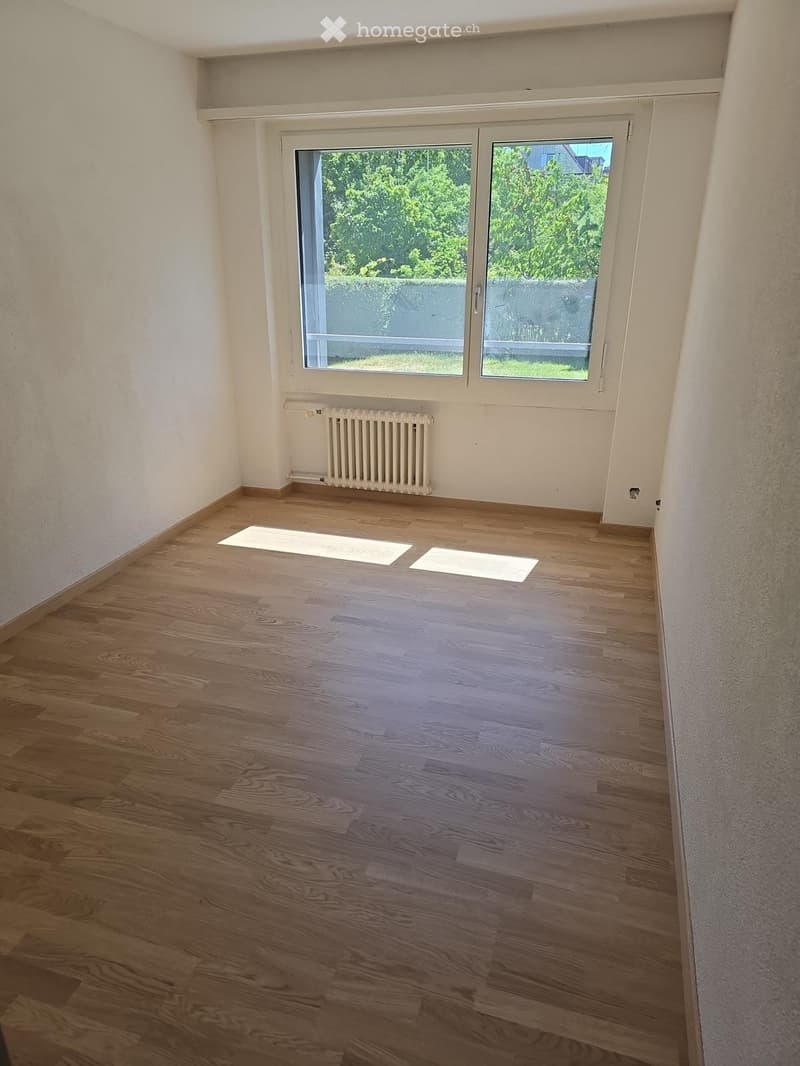 Empty room with wooden flooring, white walls, large window with view of greenery, radiator, and two white mats on the floor.