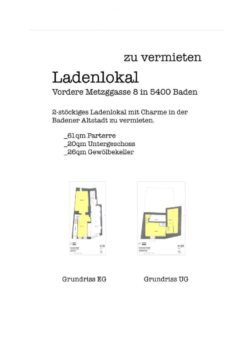 Floor plan of a 2-story commercial space with61 sqm ground floor, 20 sqm basement, and 28 sqm vaulted cellar.