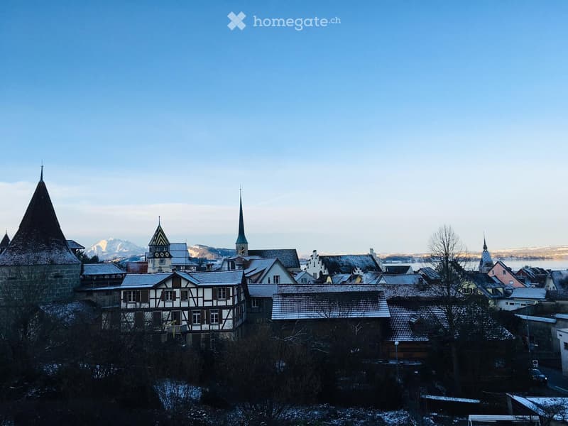 A picturesque town with traditional houses, steep roofs, and a church tower, surrounded by snow-covered trees and distant mountains.