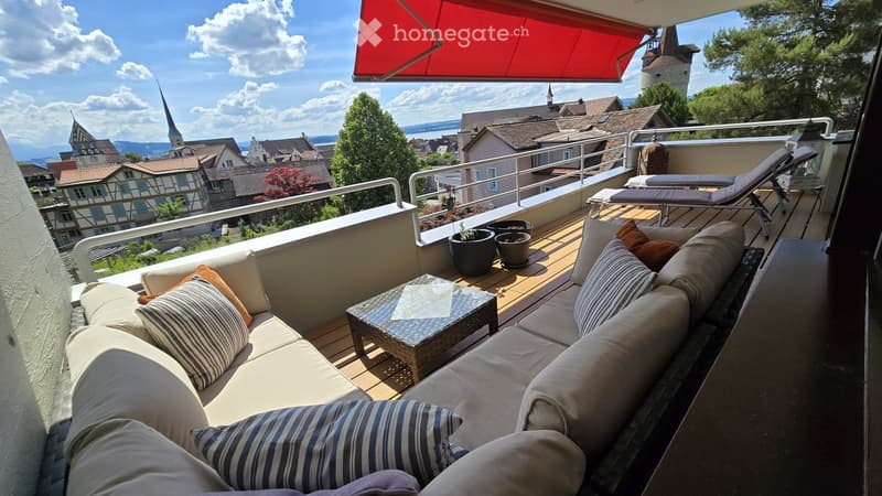 Balcony with wooden decking, sofa, coffee table, sun loungers, potted plants, and scenic city view.