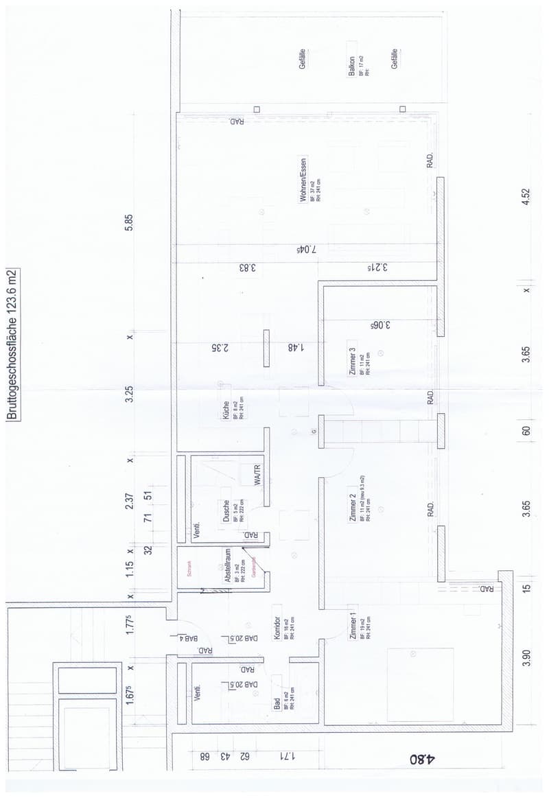 Floor plan of a residential space with four bedrooms, a kitchen, a bathroom, a hallway, and a storage area.