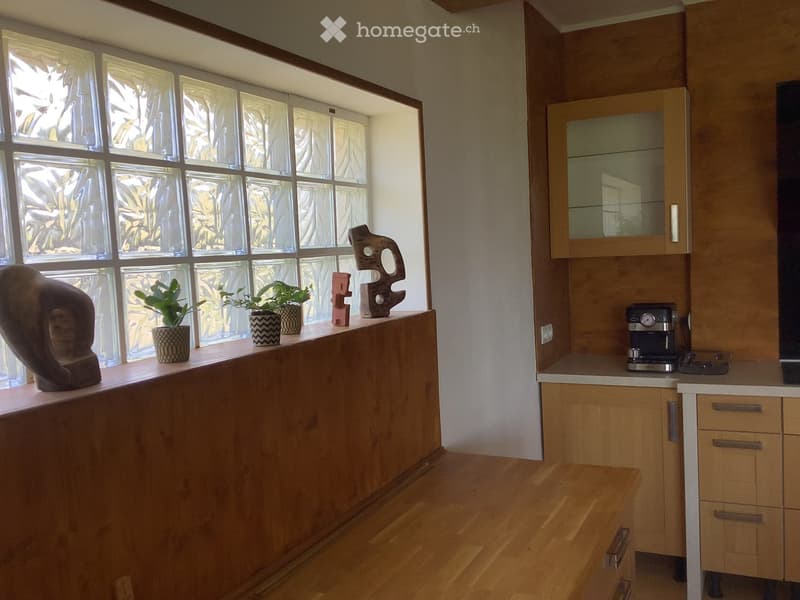Modern kitchen with wooden cabinets, a coffee maker on the counter, and decorative plants and sculptures on the windowsill.