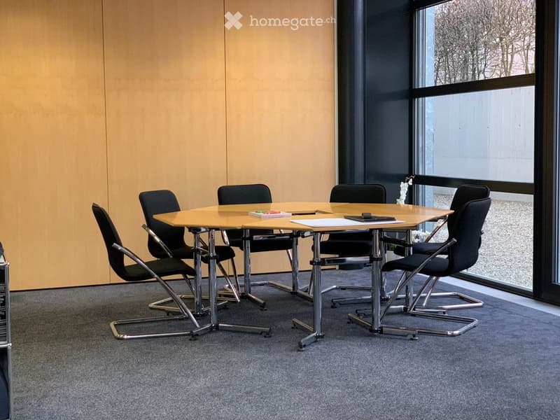 oval wooden table, black modern chairs, glass wall with tree view, brown wall, carpeted floor