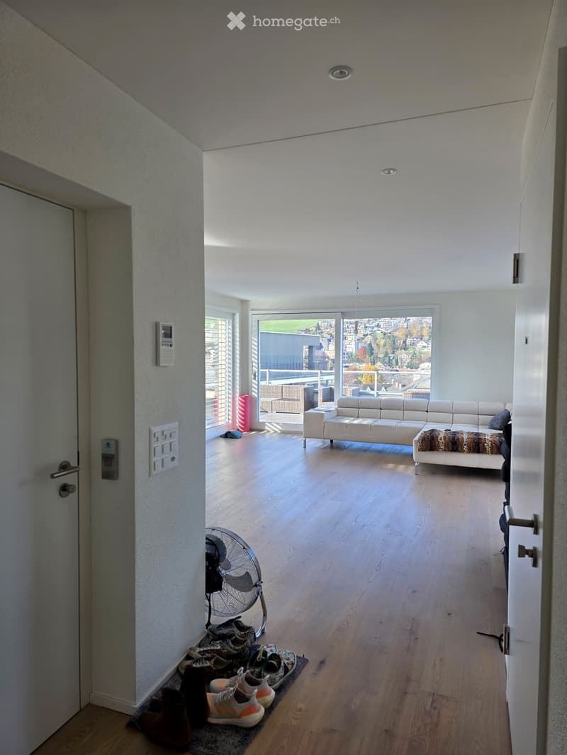 Modern living room with white walls, wooden floor, large windows, sofa, ottoman, fan, and shoe rack near the entrance.