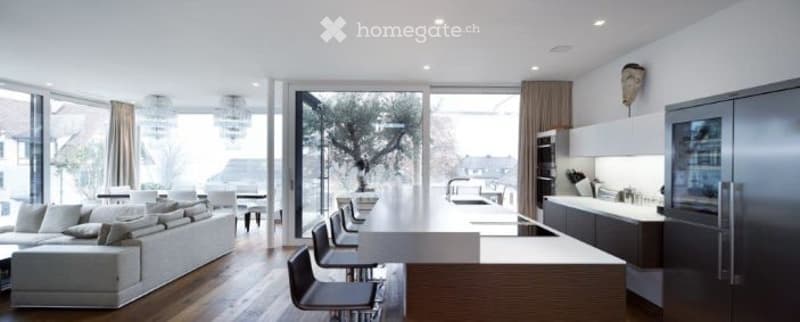 Open kitchen, central island, dining table, stainless steel appliances, white cabinetry, modern design, wooden floor, large windows with view