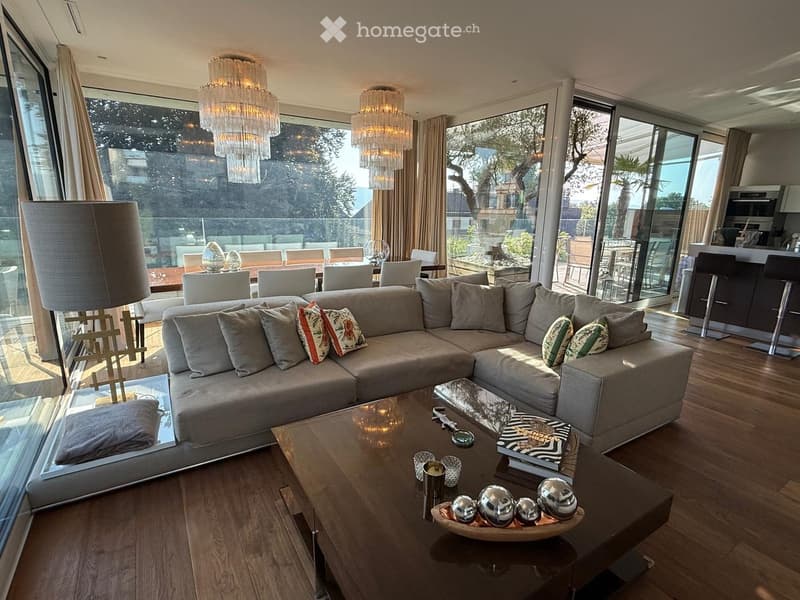 modern living room, large windows, sliding doors, balcony, glass floor, round table, comfortable sofa, large chandeliers, wooden floor