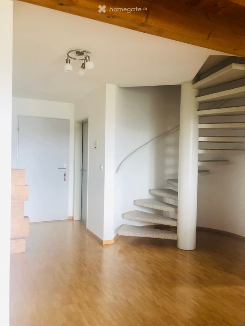 Empty hallway with wooden flooring, white walls, and a modern staircase with grey carpeted steps and a white central column. Two doors are visible on the left side.