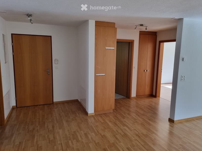 Empty hallway with wooden flooring, white walls, and several wooden doors leading to other rooms.