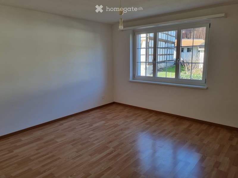 Empty room with wooden flooring, white walls, and a large window with white frame and multiple panes.