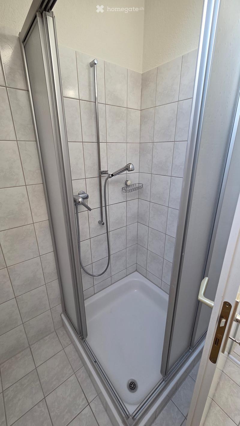 Modern bathroom with a bathtub, glass shower enclosure, chrome fixtures, and tiled walls.