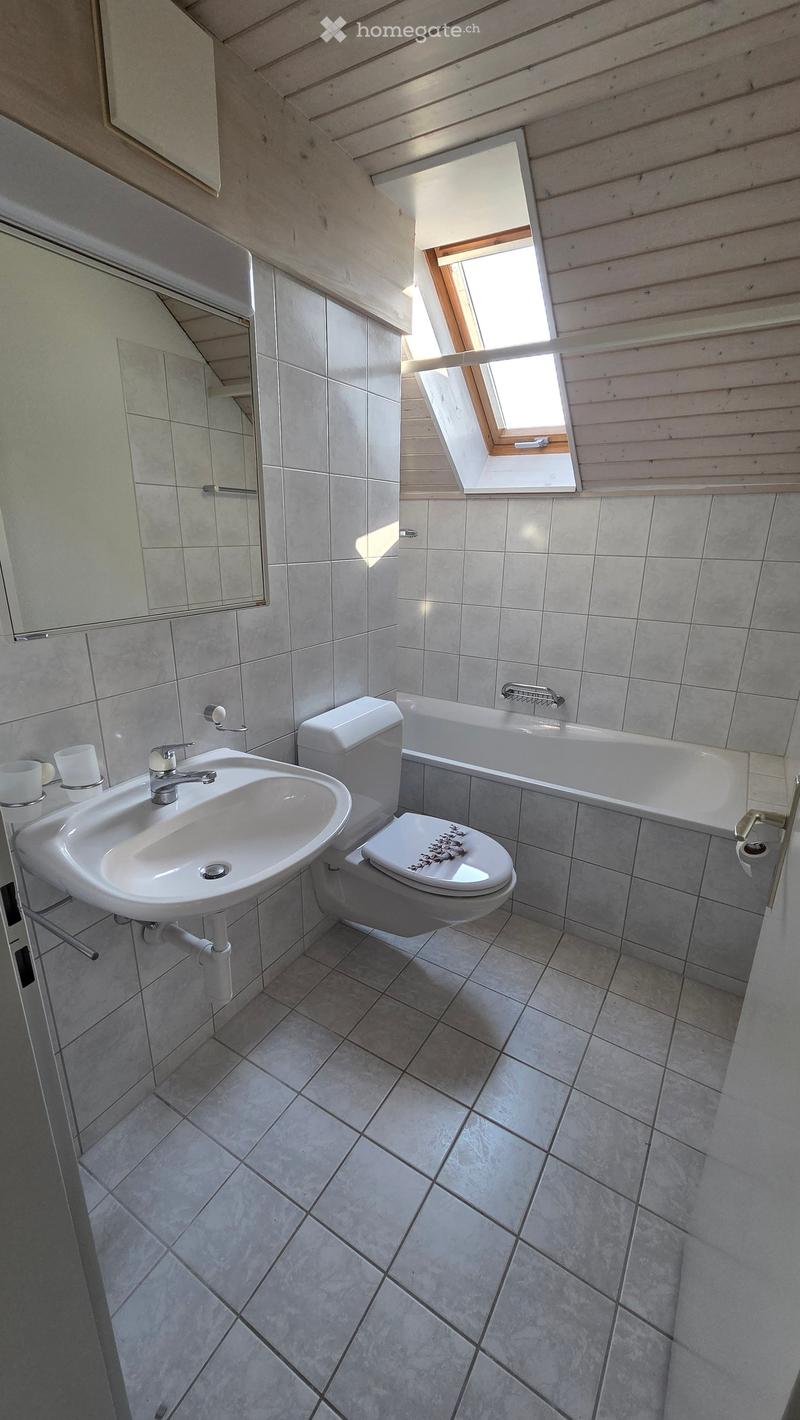 Bathroom with tiled walls and floor, featuring a sink, toilet, bathtub, and a mirror above the sink. Natural light enters through a skylight window.