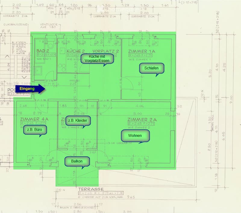 Entry hall, kitchen with dining area, 2 bedrooms, living room, 2 bathrooms, balcony