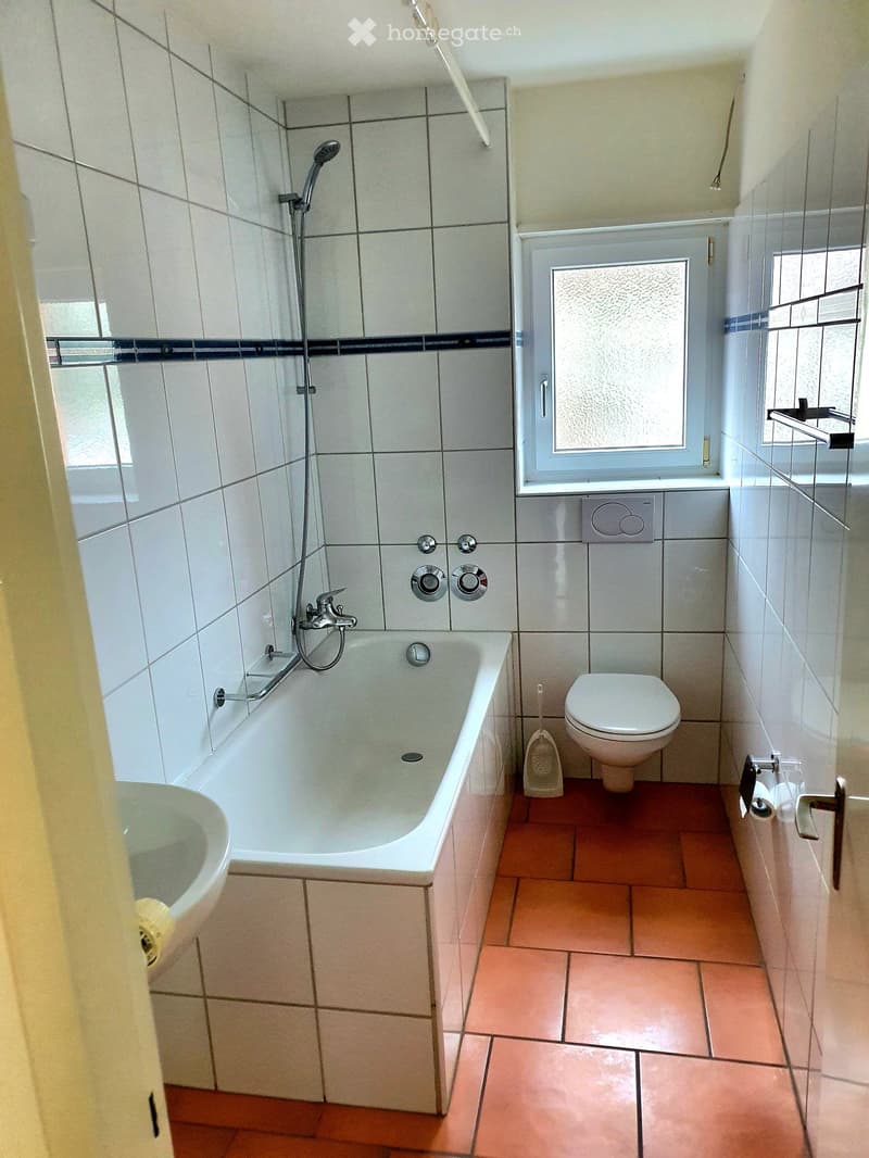 white tiles, bathtub, white sink, white toilet, window