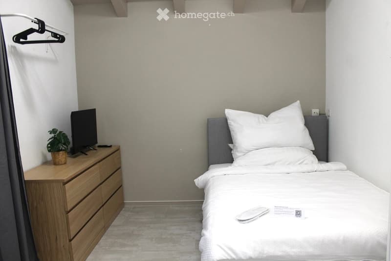 A modern, minimalist bedroom with a single bed, a wooden nightstand, a television, and a small potted plant. The room features light-colored walls and a tiled floor.
