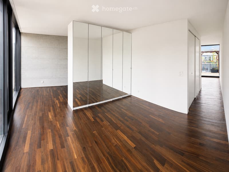 Modern hallway with polished wooden flooring, white walls, large mirrored closet, and large windows allowing natural light.