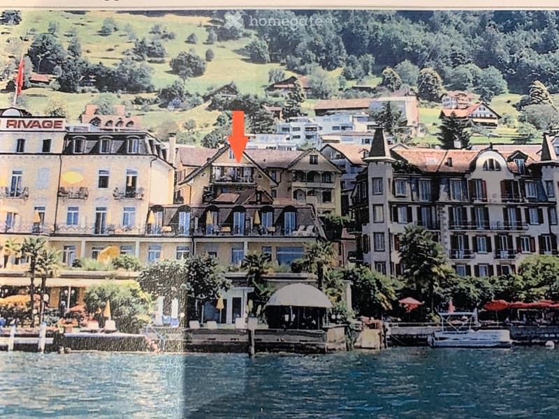 A scenic view of a lakeside town with multiple buildings, including hotels and residential structures, surrounded by greenery and a calm lake.
