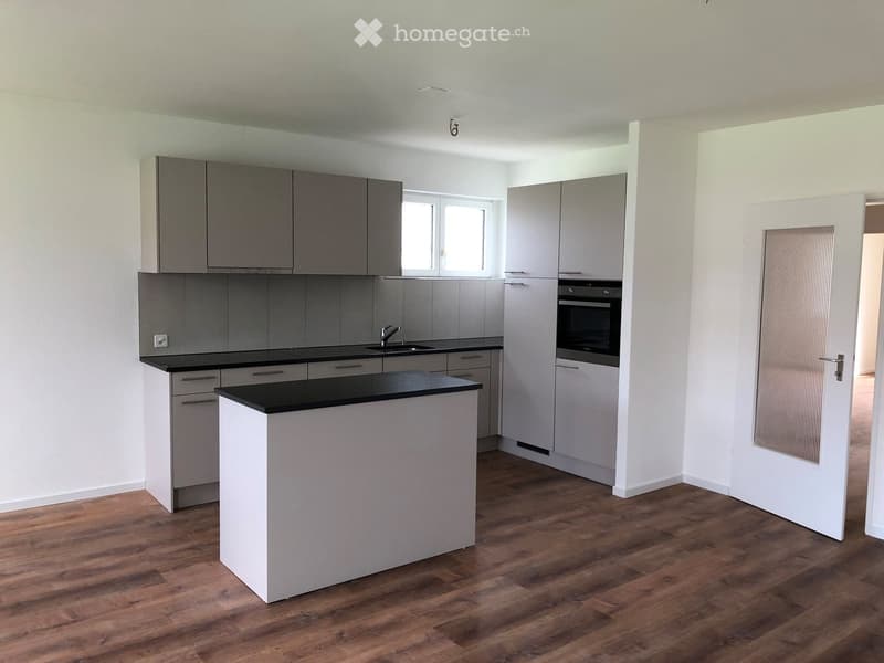 Modern kitchen with grey cabinets, black countertops, a central island, and a built-in oven. The space features wooden flooring and large windows.