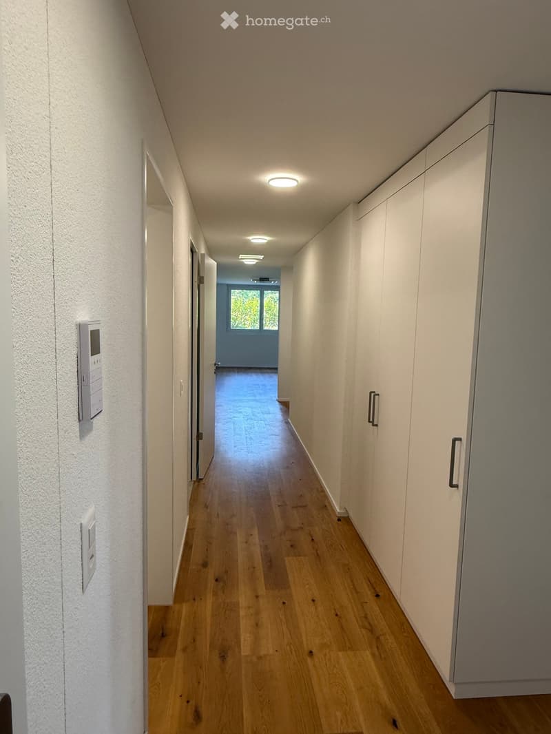 Clean, modern hallway with light wooden flooring, white walls, built-in cabinets, and recessed lighting. A window at the end provides natural light.