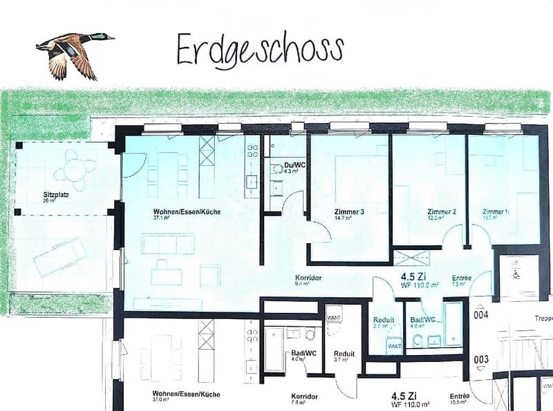 Floor Plan. Ground floor floor plan showing living/dining/kitchen area, three bedrooms, two bathrooms, hallway, entrance, and outdoor seating area.