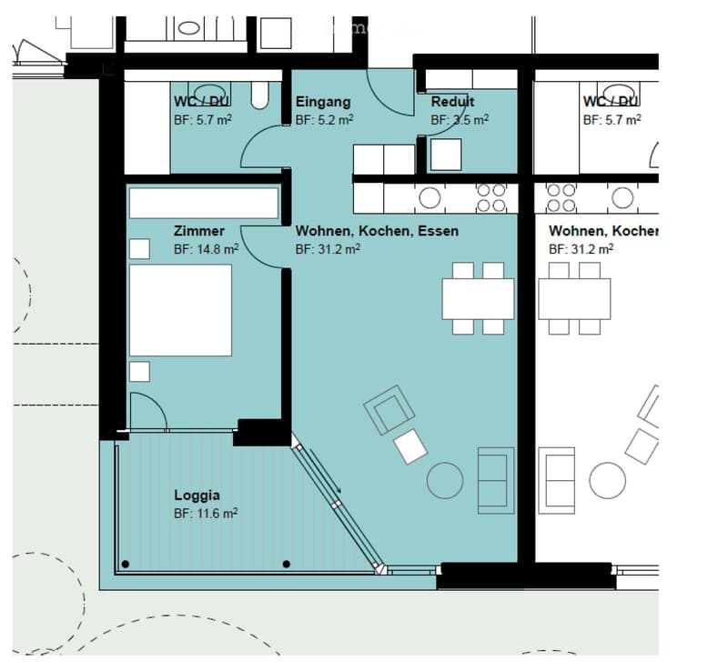 Entrance, living room, kitchen, dining room, bedroom, bathroom, balcony