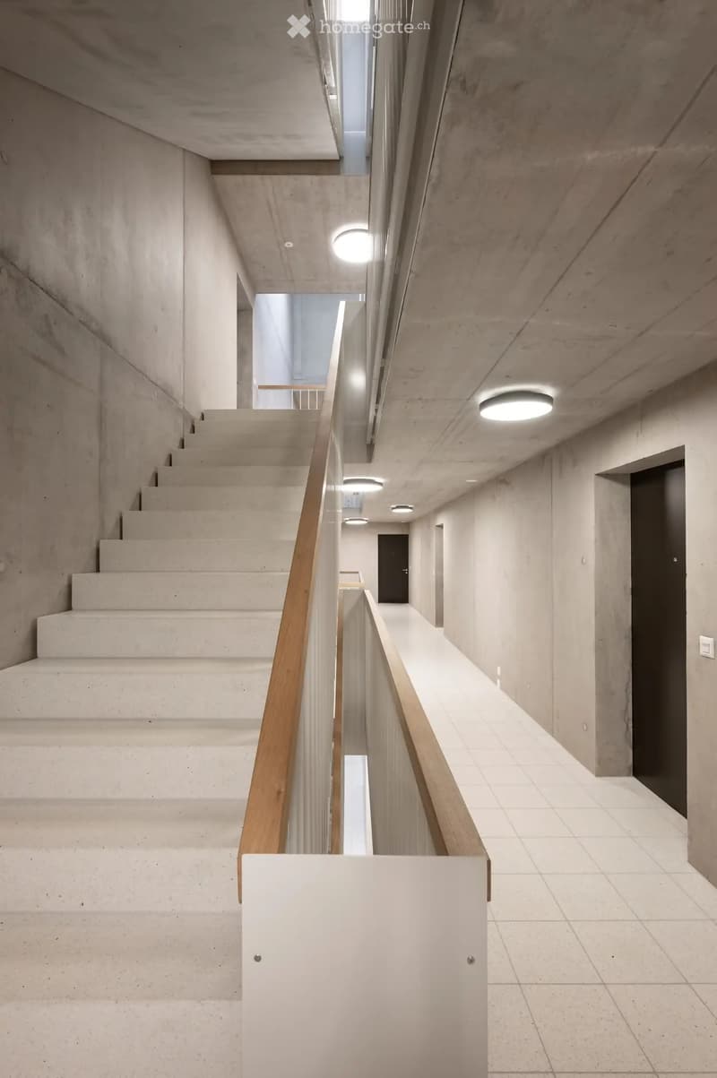 modern building, white tiled floor, white marble staircase, concrete walls, wooden handrail, ceiling lights