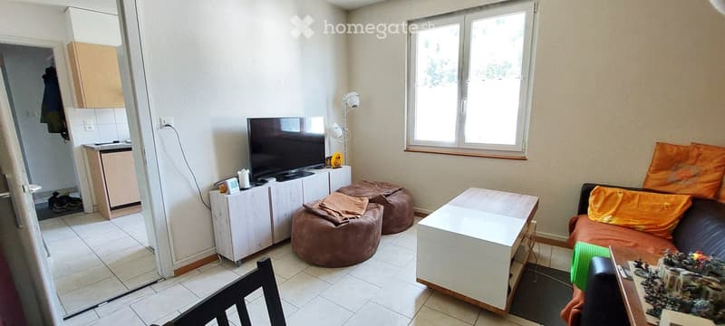 A small, cozy living room with a sofa, coffee table, bean bags, TV, and a small kitchen area visible in the background.
