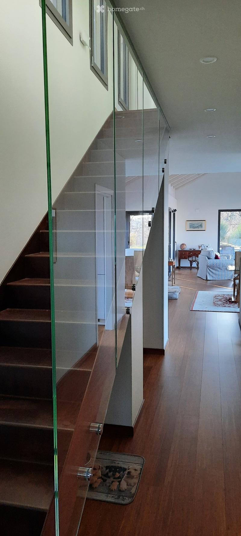 Raised ground floor, glass staircase, glass walls, wooden flooring, large windows