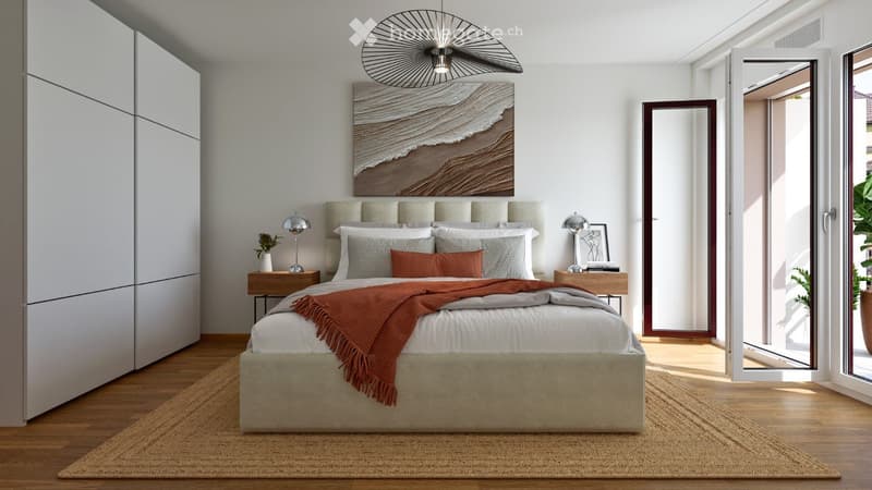 Modern bedroom with a large bed, nightstands, table lamps, a mirror, artwork, and a plant near the sliding glass door.