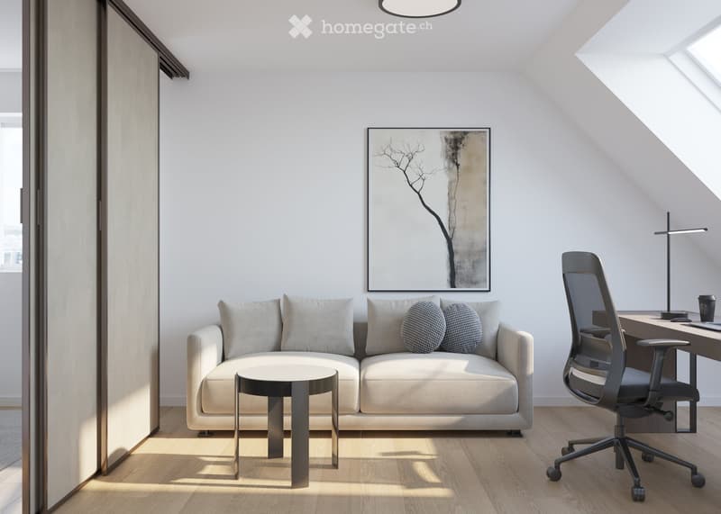 Modern living room with a light-colored sofa, coffee table, office chair, desk, and a painting on the wall.