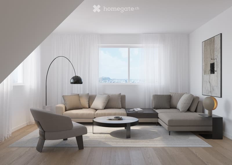 Modern living room with a sectional sofa, coffee table, armchair, floor lamp, table lamp, and artwork on the wall. Large windows with sheer curtains provide natural light.