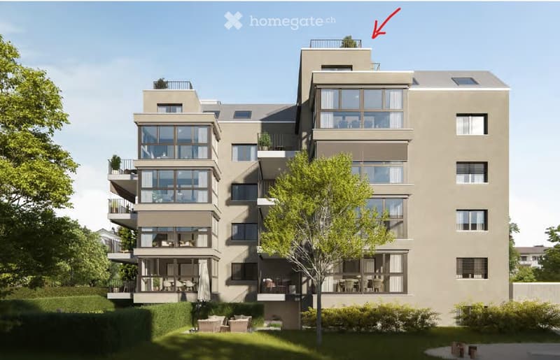 Modern multi-story residential building with large windows, balconies, and a landscaped garden area.