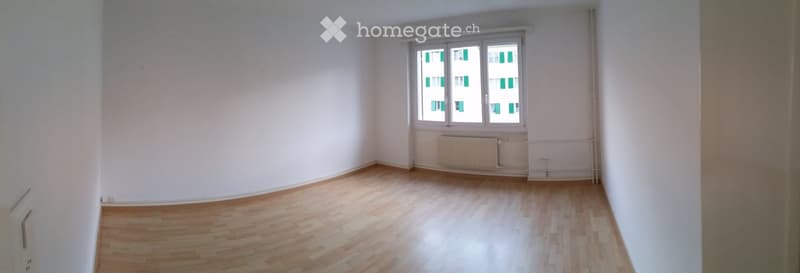 Empty room with wooden flooring, white walls, and a large window with a radiator below it.