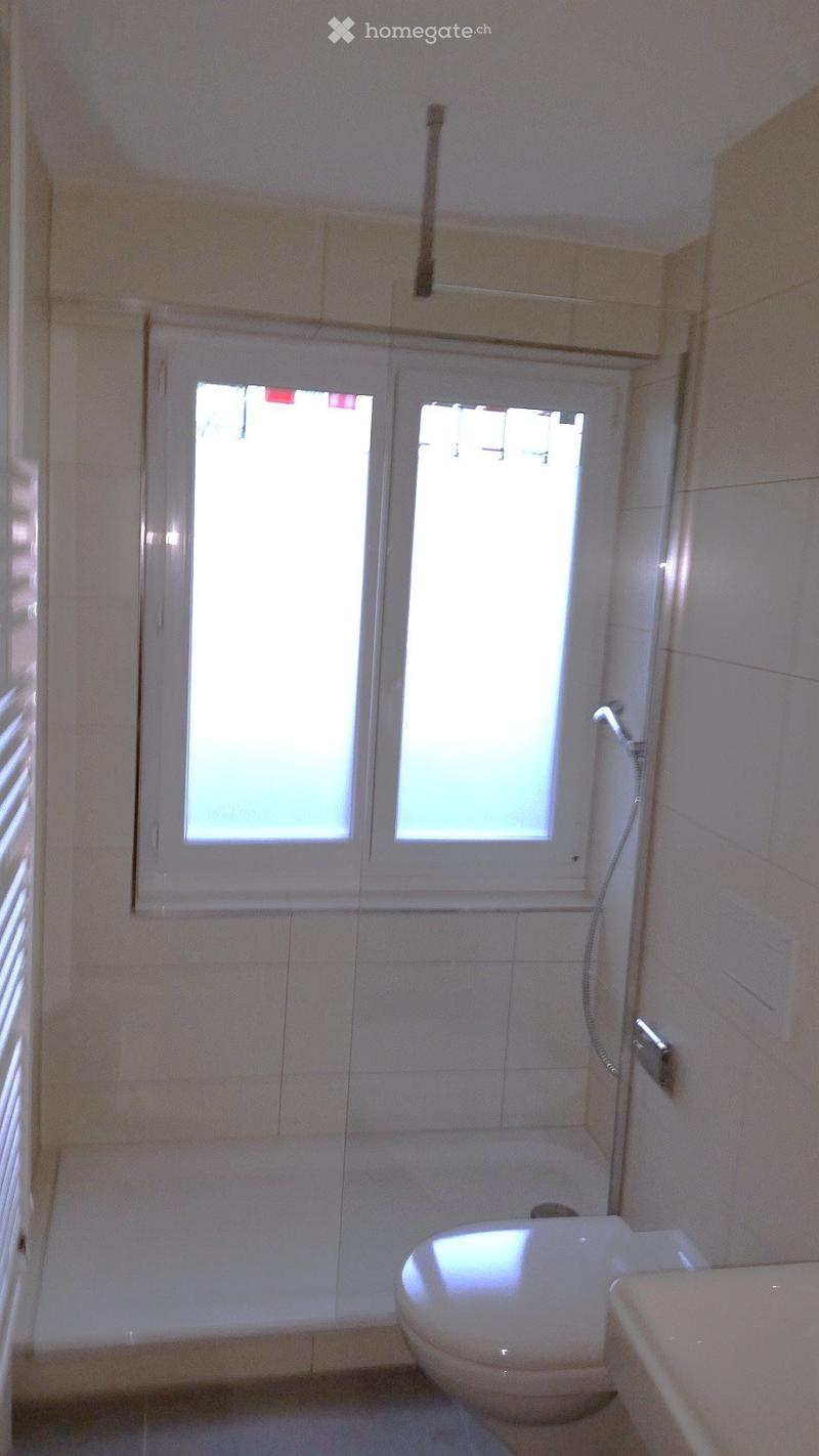 Bathroom with white tiled walls and floor, a toilet, a shower hose, and a window with frosted glass panes.