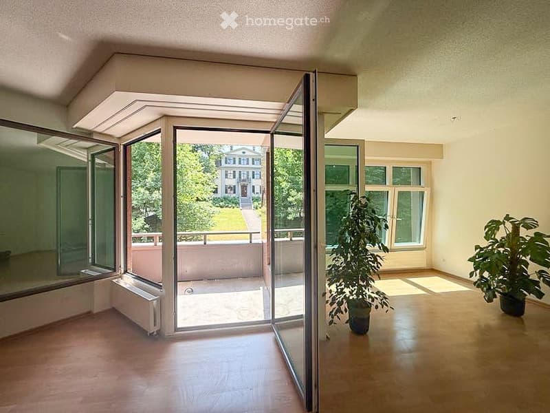 Bright, unfurnished room with large glass sliding doors opening to a balcony, wooden flooring, and potted plants.