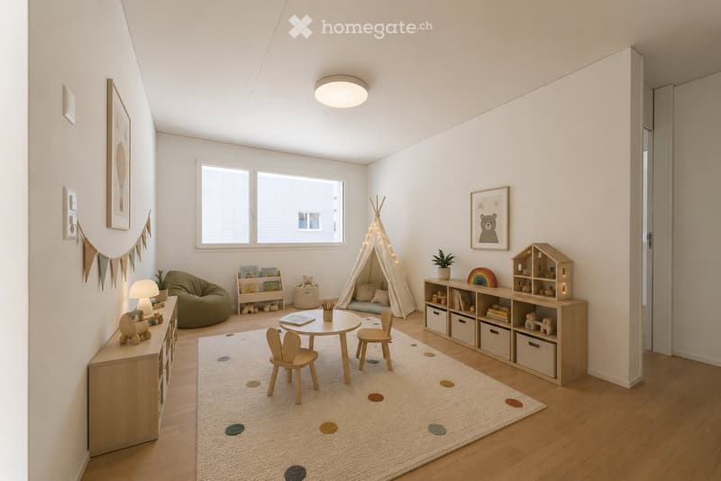 A well-lit children's room with a round table, chairs, a bean bag chair, a teepee tent, a bookshelf, and a toy house. The room features a white rug with colorful spots and several decorative items.