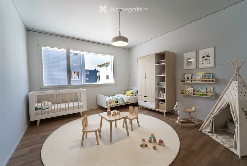 Bright, modern children's bedroom with a crib, single bed, wardrobe, small table with chairs, rocking horse, teepee tent, and shelves with books and toys.