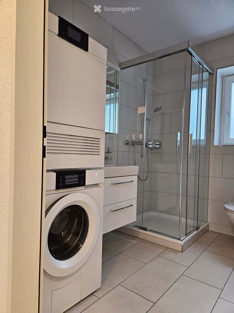 Modern bathroom with a white washing machine, glass-enclosed shower, sink, and toilet.