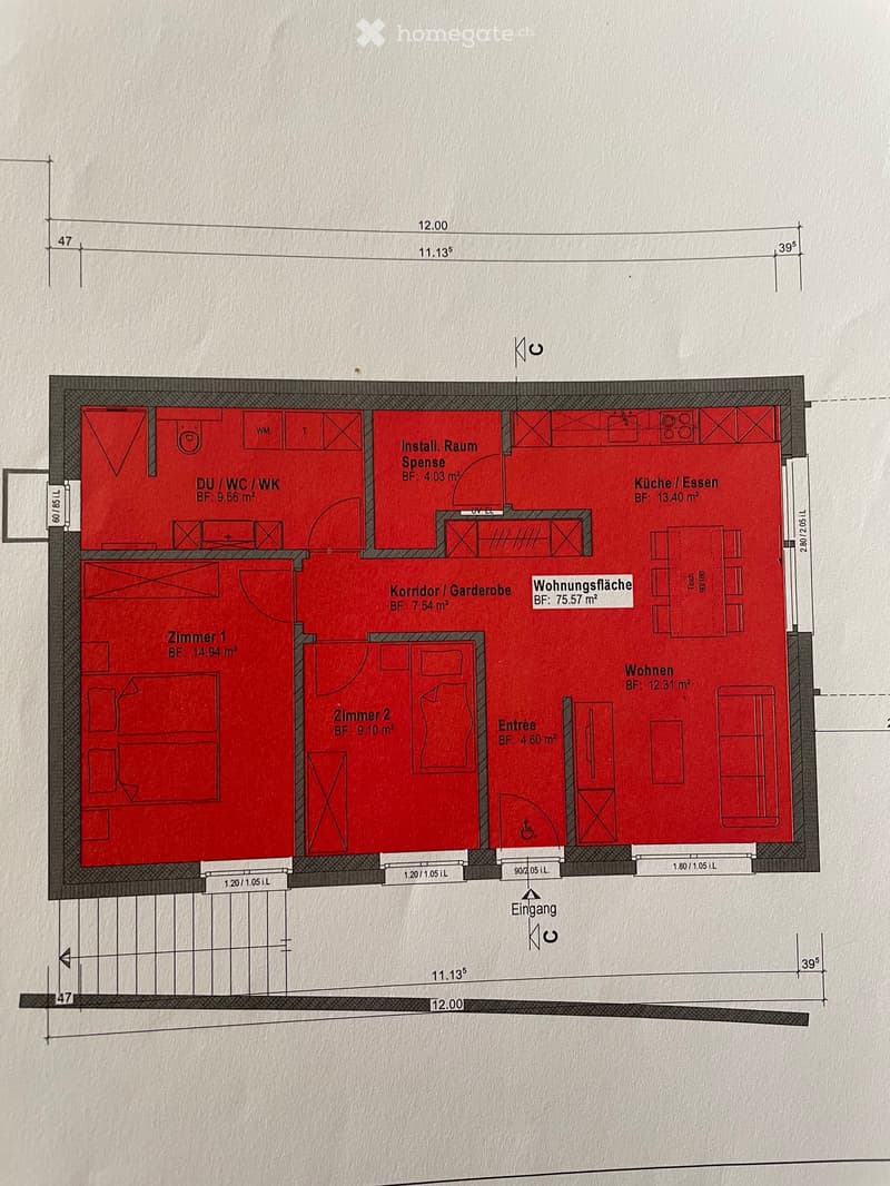 Floor plan showing a layout with multiple rooms including a kitchen, living area, two bedrooms, a bathroom, and an entrance area.