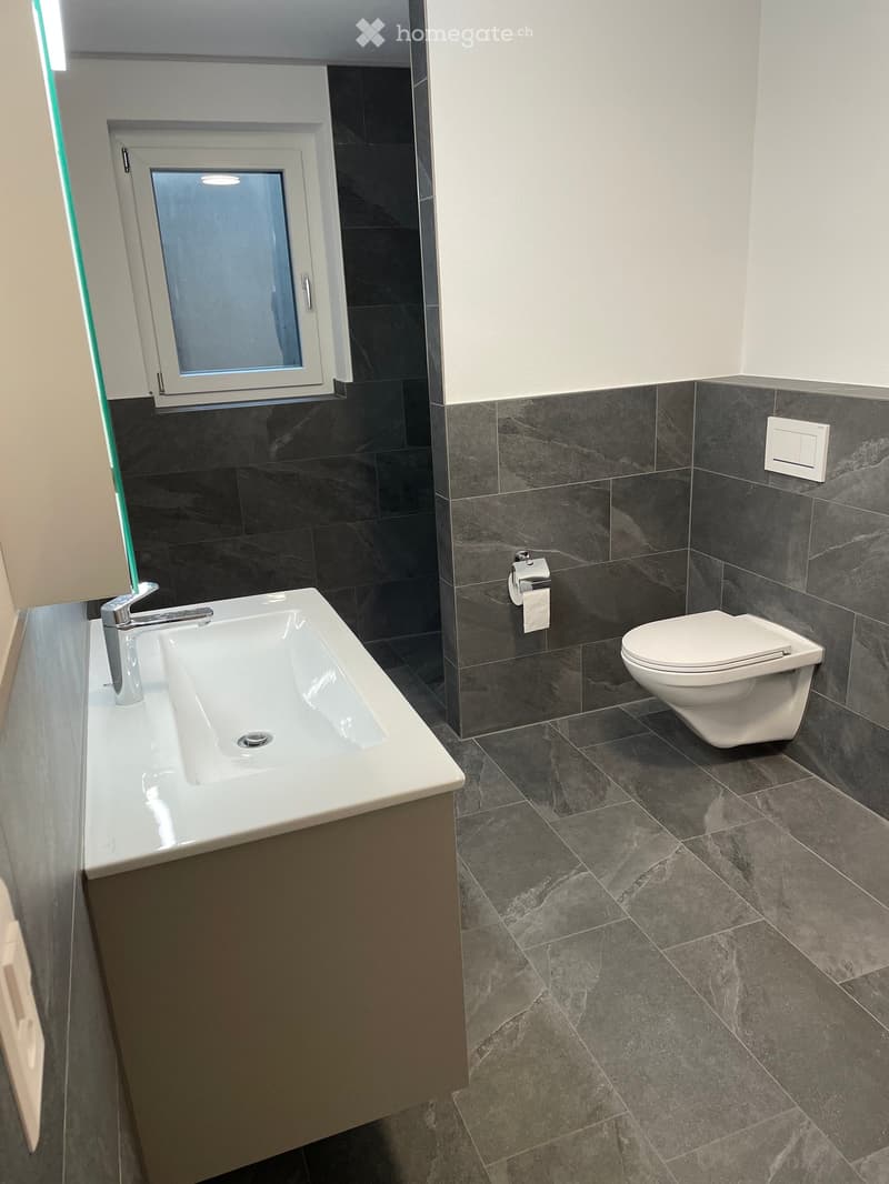 Modern bathroom with dark grey tiles, white sink, chrome faucet, and toilet. Features a window with frosted glass and a light switch on the wall.
