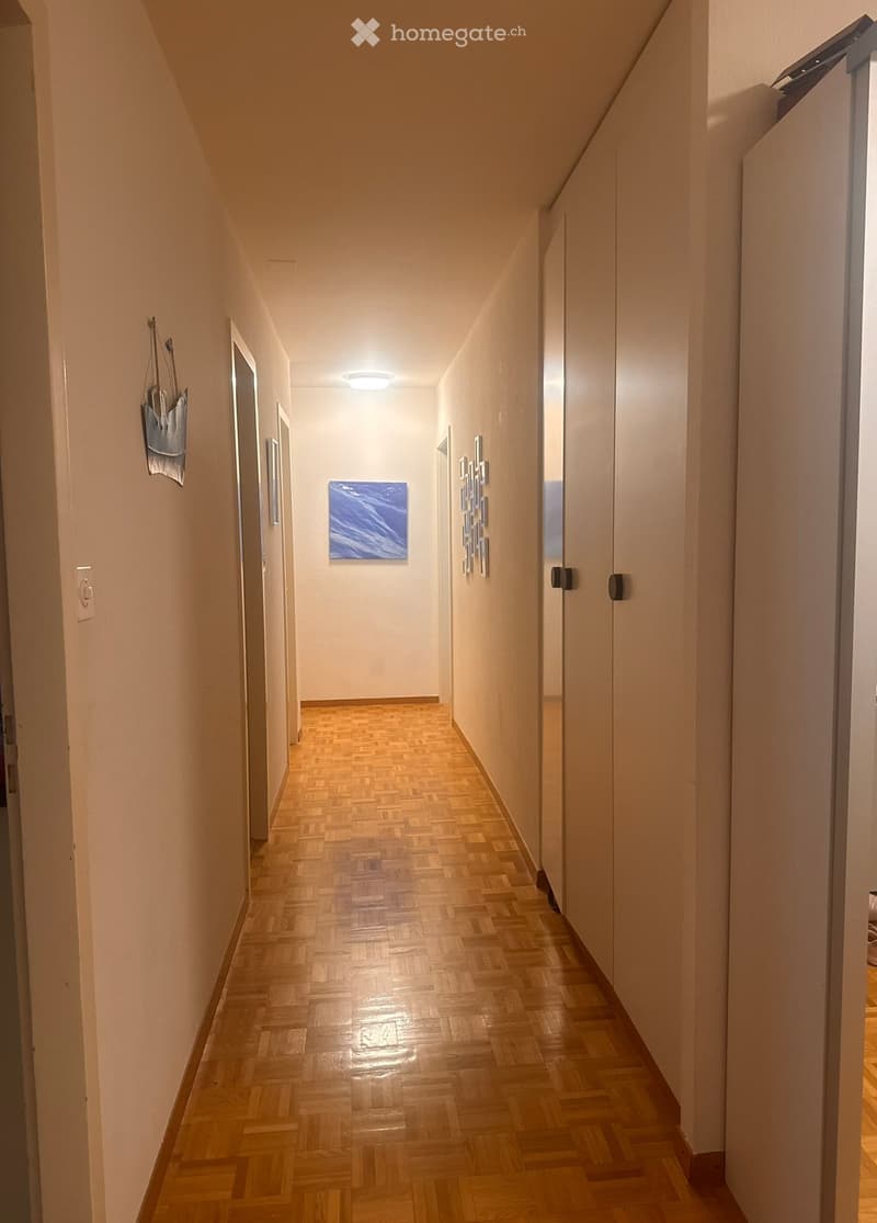 A long, narrow hallway with wooden herringbone flooring, white walls, and recessed ceiling lighting. Features several doors and a small artwork on the wall.