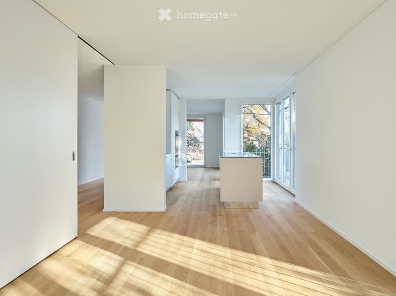 Bright, minimalist hallway with light wooden flooring, white walls, and large glass doors leading to an outdoor area.