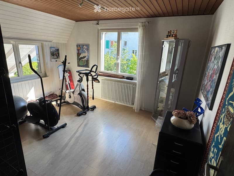 Well-lit room with wooden flooring, large windows, exercise bike, mirror, cabinet, and decorative items.