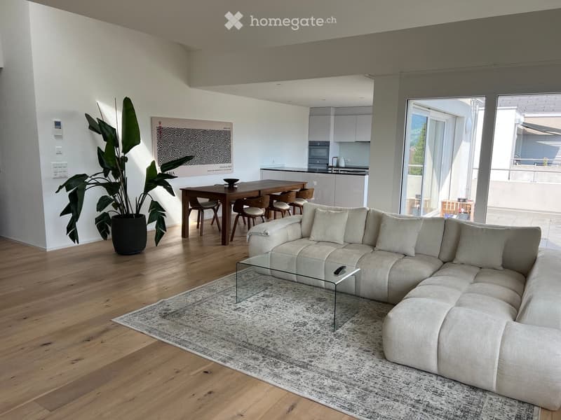 Modern living room with a large sectional sofa, glass coffee table, dining area with a wooden table and chairs, and a tall potted plant near the wall.