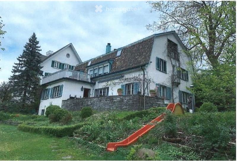 2 story house, white, green window shutters, chimney, small balcony, plants, small slide in front, surrounded by grass