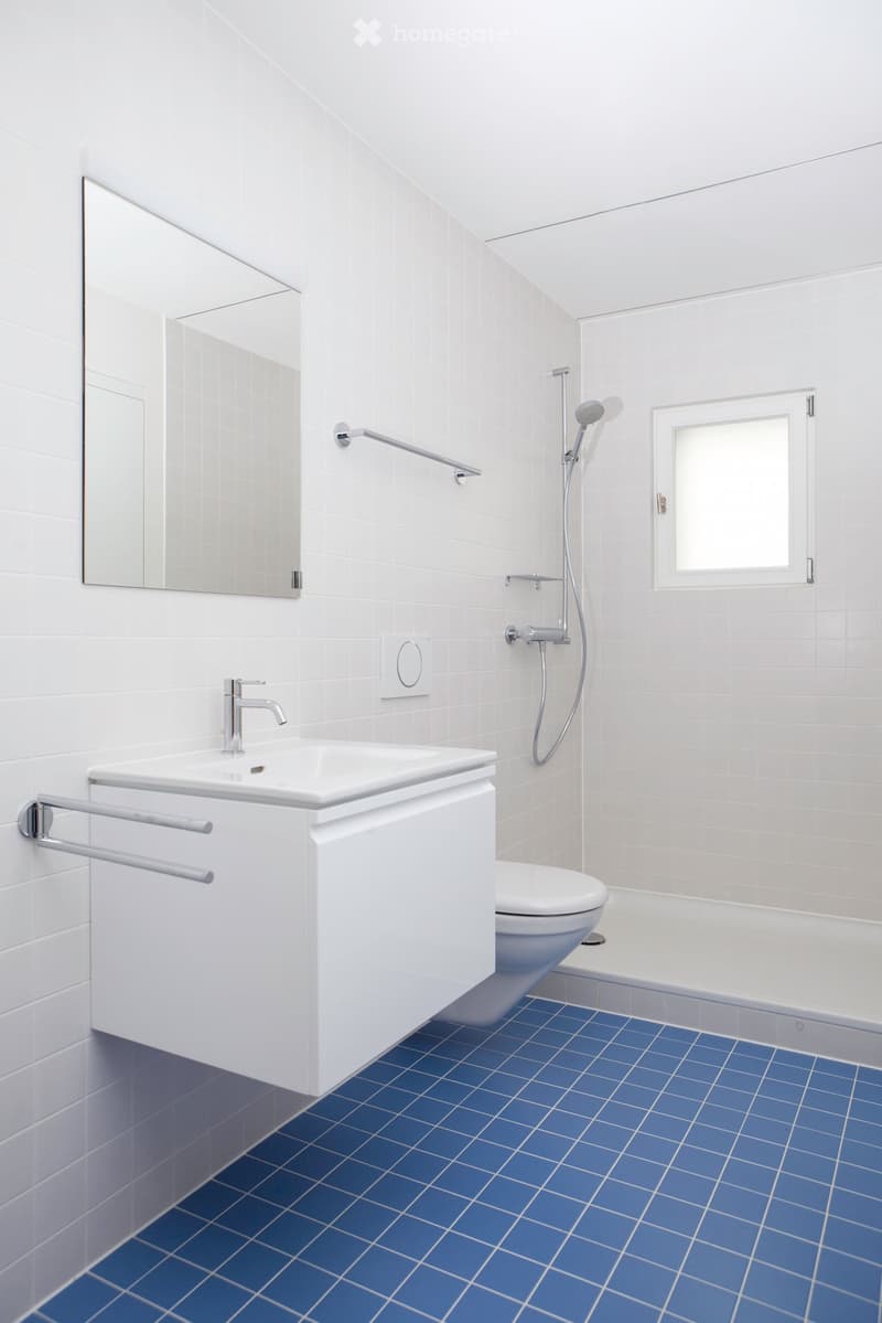 Modern bathroom with white tiles, blue floor tiles, a white sink with a chrome faucet, a mirror, a toilet, and a bathtub with a showerhead.