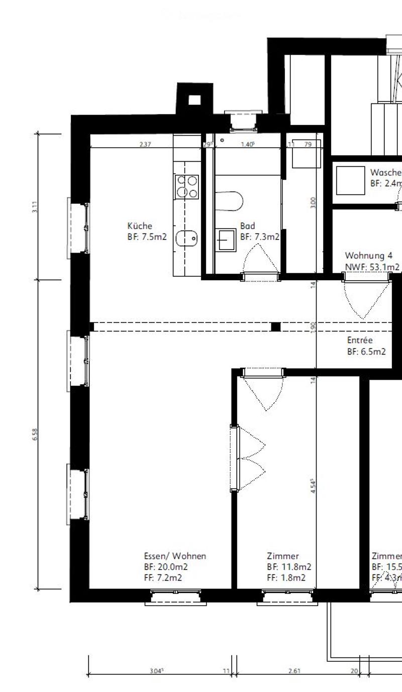 Floor plan showing a multi-room layout including a kitchen, bathroom, living/dining area, bedrooms, and an entrance area.