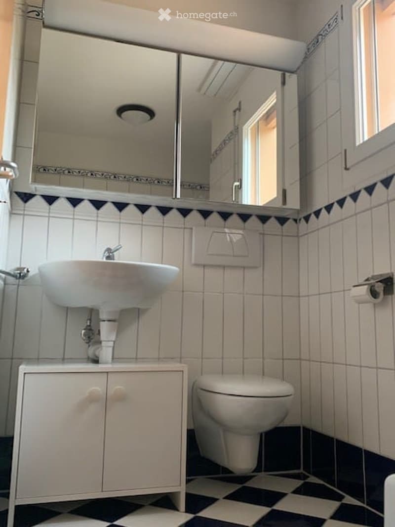 A small bathroom with white tiles, a black and white checkered floor, a sink with a cabinet, a mirror, and a toilet.