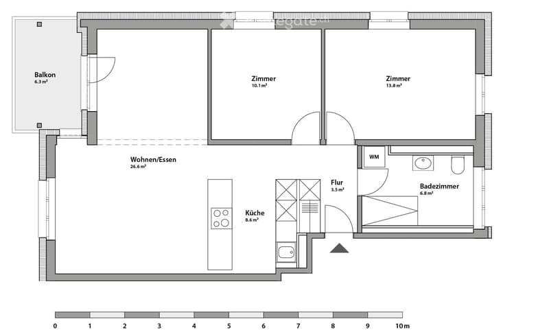 Floor plan of an apartment with a living/dining area, kitchen, two bedrooms, bathroom, hallway, and balcony.
