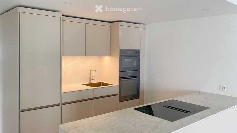Modern kitchen with light-colored cabinets, a built-in oven, a sink with a modern faucet, and a countertop with an induction cooktop.